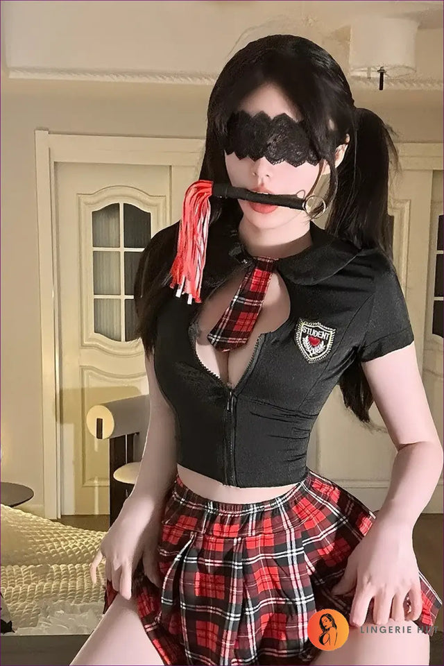 Sexy Schoolgirl Costume with Zip Crop Top - Playful Fantasy