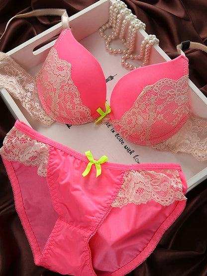 Lace Overlay Bra and Brief Set with Centre Bow