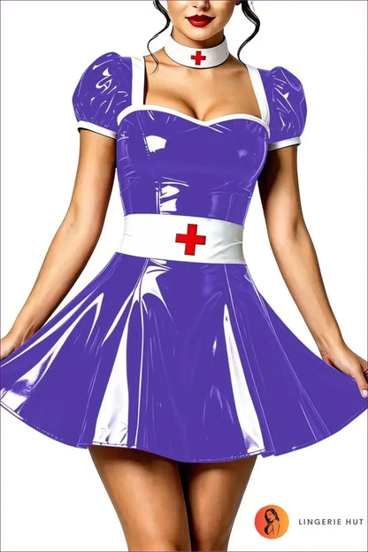Nurse Costume with Puff Sleeves and Matching Choker - Playful Fantasy