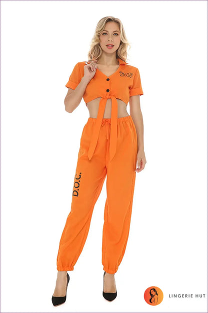 Prisoner Costume Jogger Set with Tie-Front Top - Yard Time Ease