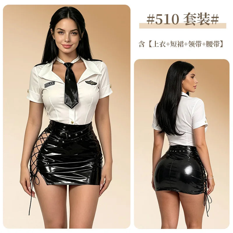 Police Costume with Collared Shirt and Lace-Up Mini Skirt