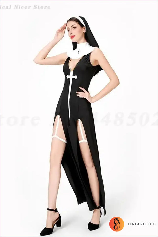 Sexy Nun Costume Dress with Deep V-Neck, Cross Detail and Side Slits