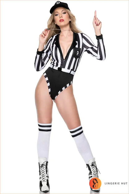 Long Sleeve Striped Referee Roleplay Bodysuit with High-Cut Leg