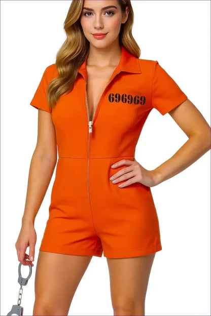 Prisoner Costume Romper with Zip Front - Lockup Ease