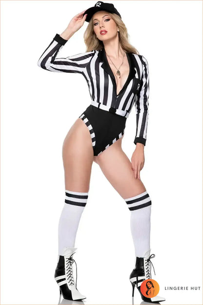 Long Sleeve Striped Referee Roleplay Bodysuit with High-Cut Leg