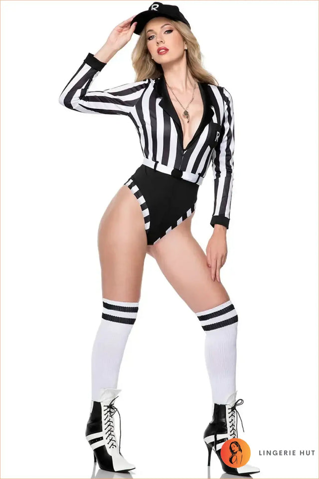Long Sleeve Striped Referee Roleplay Bodysuit with High-Cut Leg