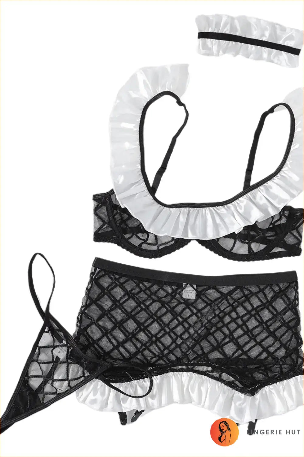 French Maid Lingerie Set with Diamond Fishnet Bra and Suspender Skirt