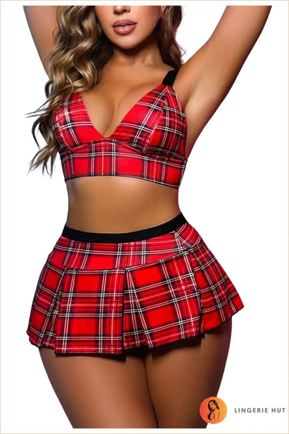 Red Plaid Schoolgirl Roleplay Costume Set