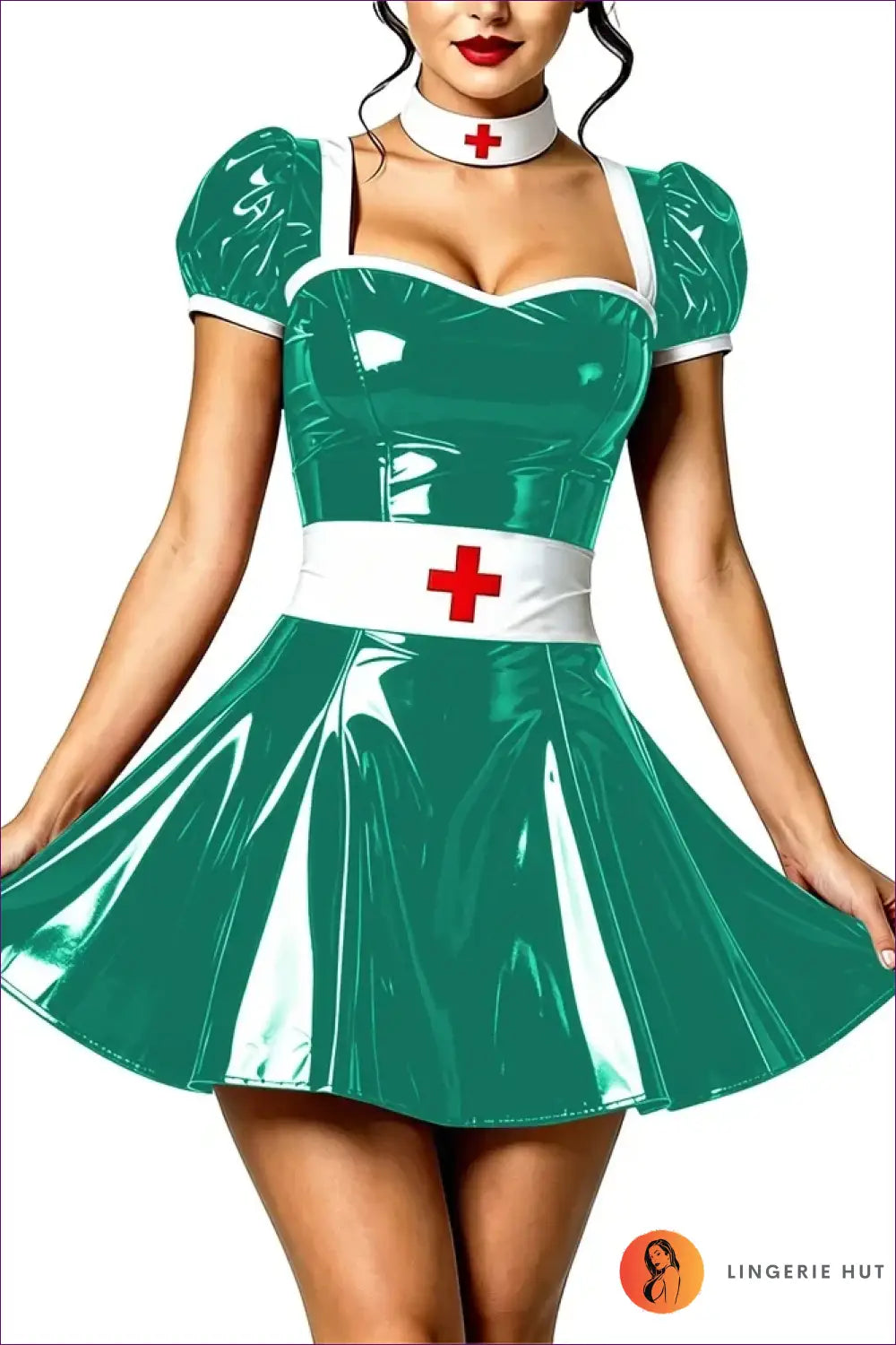 Nurse Costume with Puff Sleeves and Matching Choker - Playful Fantasy