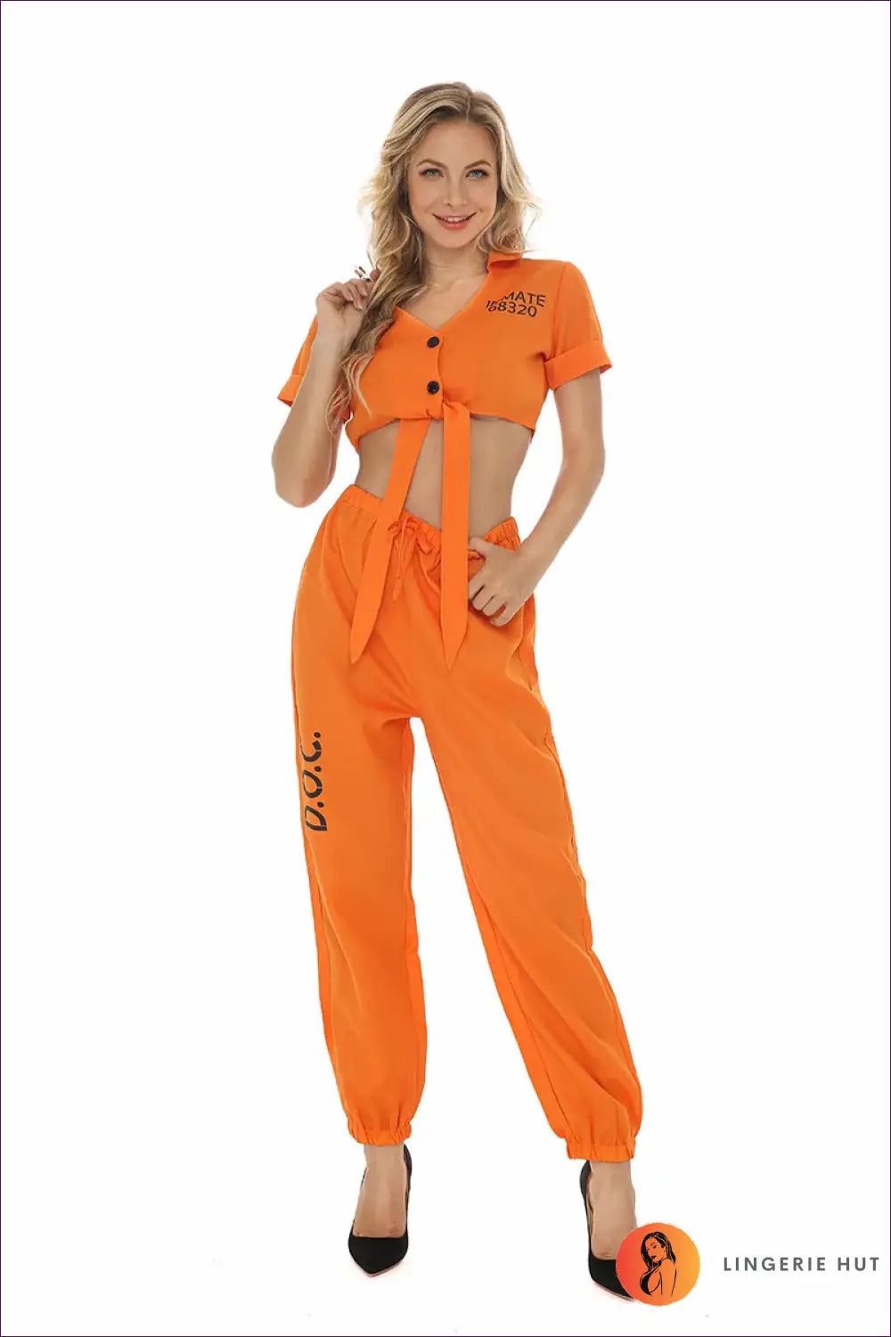 Prisoner Costume Jogger Set with Tie-Front Top - Yard Time Ease