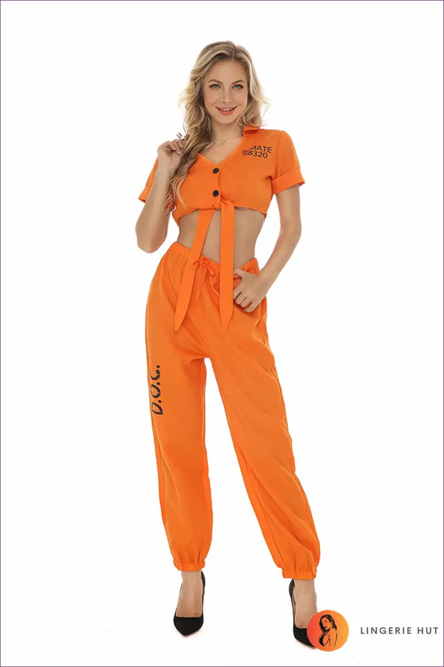 Prisoner Costume Jogger Set with Tie-Front Top - Yard Time Ease