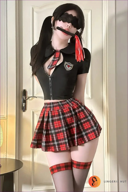 Sexy Schoolgirl Costume with Zip Crop Top - Playful Fantasy