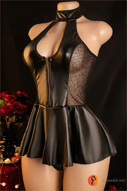 Black Wet-Look Zip-Front Peplum Bodysuit