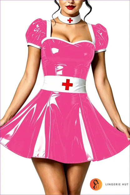 Nurse Costume with Puff Sleeves and Matching Choker - Playful Fantasy