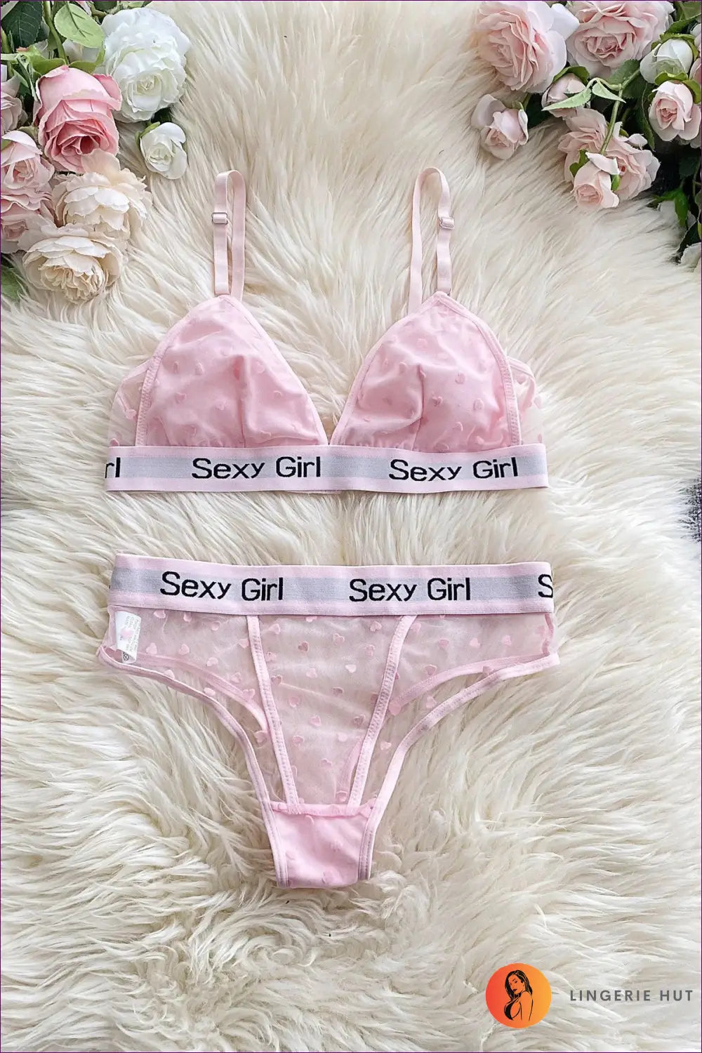 Mesh Bra Set with Heart Flocking and Triangle Cups - Private Luxury