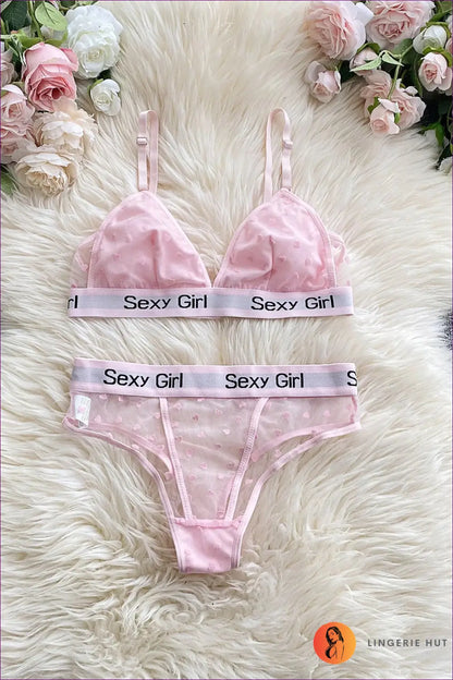 Mesh Bra Set with Heart Flocking and Triangle Cups - Private Luxury