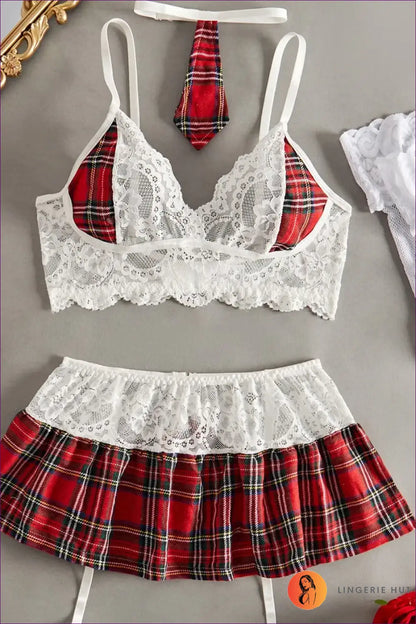 Sexy Schoolgirl Costume with Lace Plaid Skirt - Night Play