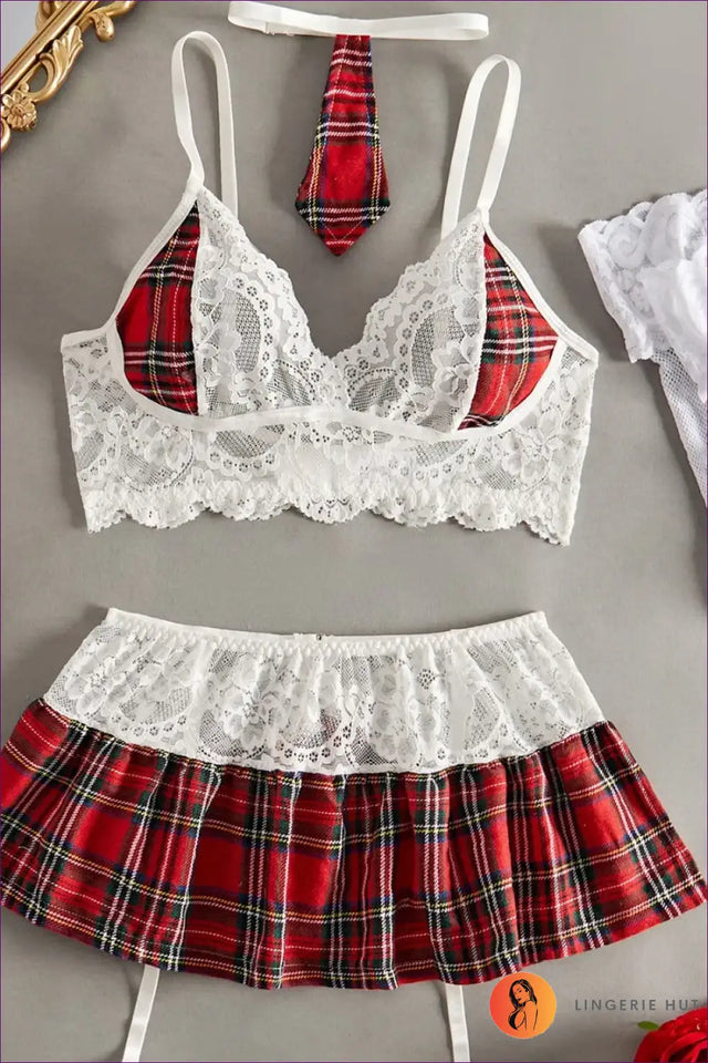 Sexy Schoolgirl Costume with Lace Plaid Skirt - Night Play
