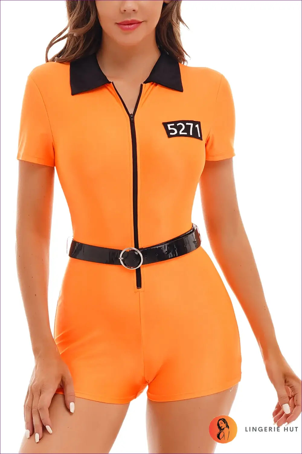 Prisoner Costume Romper with Belt - Booking Room Confidence
