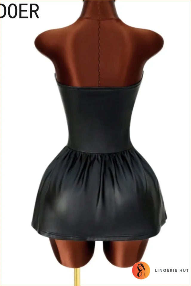 Black Faux Leather Lace-Up Corset Mini Dress