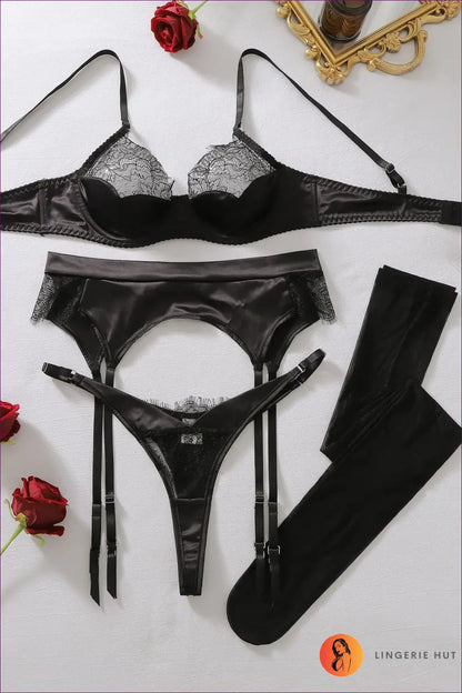 Satin Bra Set with Lace Cups and Garter Belt - Private Luxury