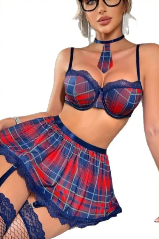 Schoolgirl Costume with Plaid Bra, Garter Skirt and Fishnets
