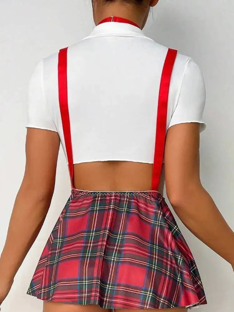Tie-Front Crop Shirt with Plaid Mini Skirt and Suspenders