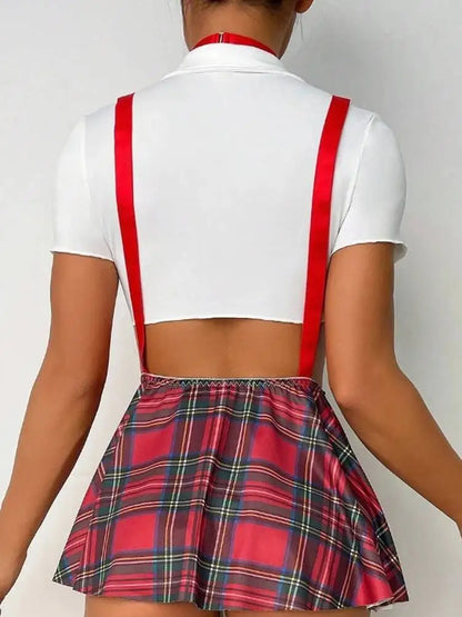 Tie-Front Crop Shirt with Plaid Mini Skirt and Suspenders