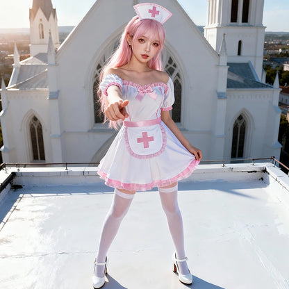 Off-Shoulder Nurse Costume Dress with Apron and Cap