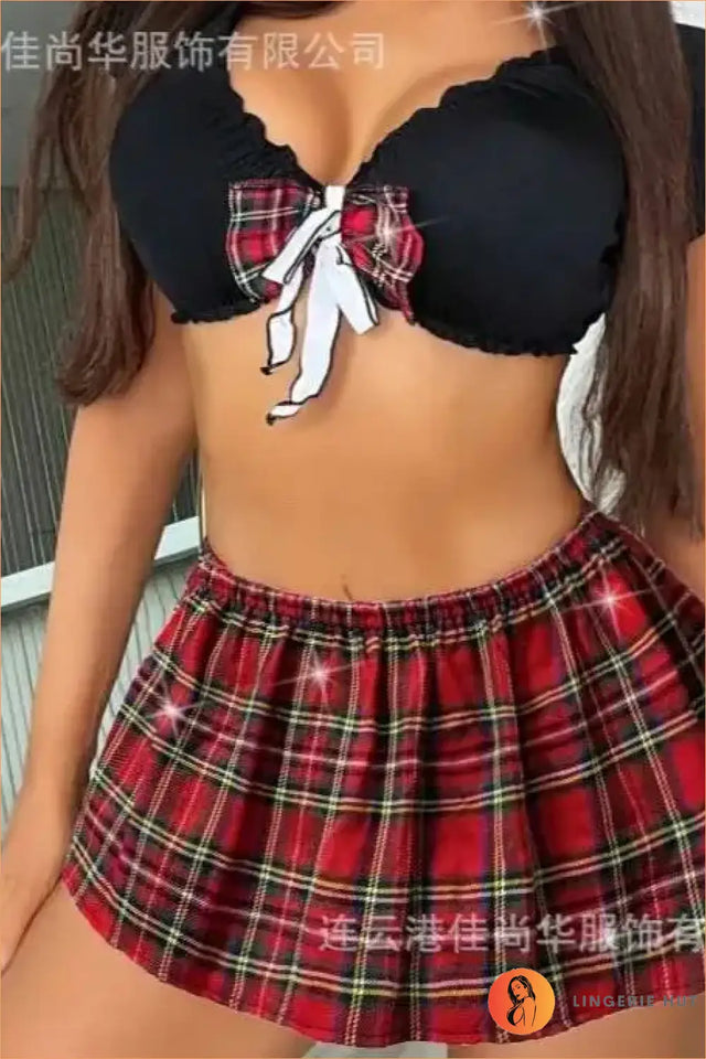 Red Plaid Tie-Front Schoolgirl Costume Set