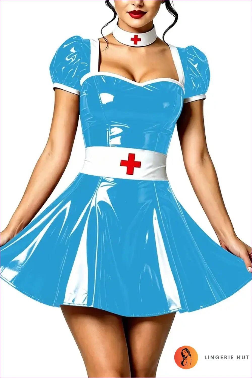 Nurse Costume with Puff Sleeves and Matching Choker - Playful Fantasy