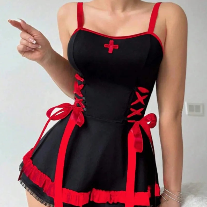 Nurse Costume Mini Dress with Cross Badge and Hip Bows