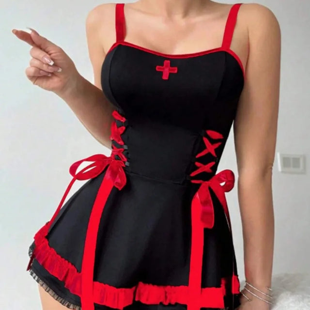 Nurse Costume Mini Dress with Cross Badge and Hip Bows