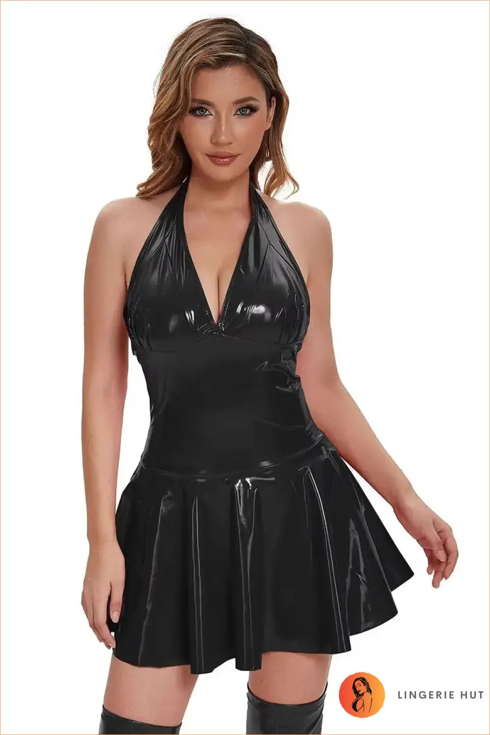 Red Wet-Look Halter Mini Dress