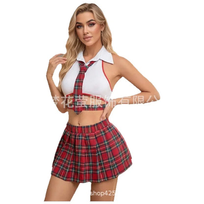 Schoolgirl Costume with Collared Halter and Pleated Skirt