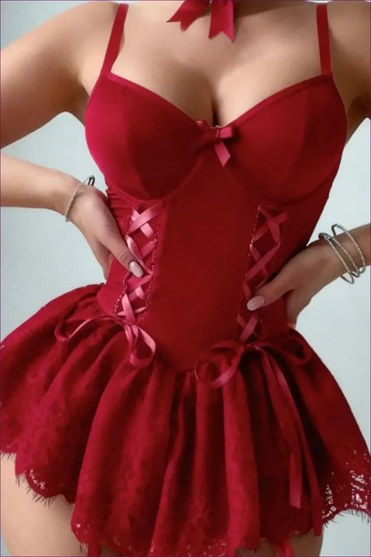 Lace Teddy with Ribbon Lacing and Ruffle Skirt - After Dark