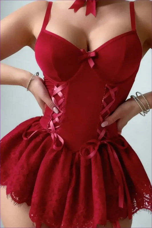 Lace Teddy with Ribbon Lacing and Ruffle Skirt - After Dark