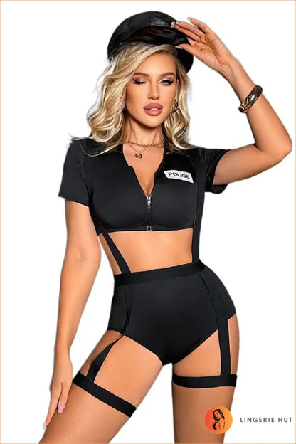 Police Woman Costume Set - Zip-Front Crop Top & Garter Shorts