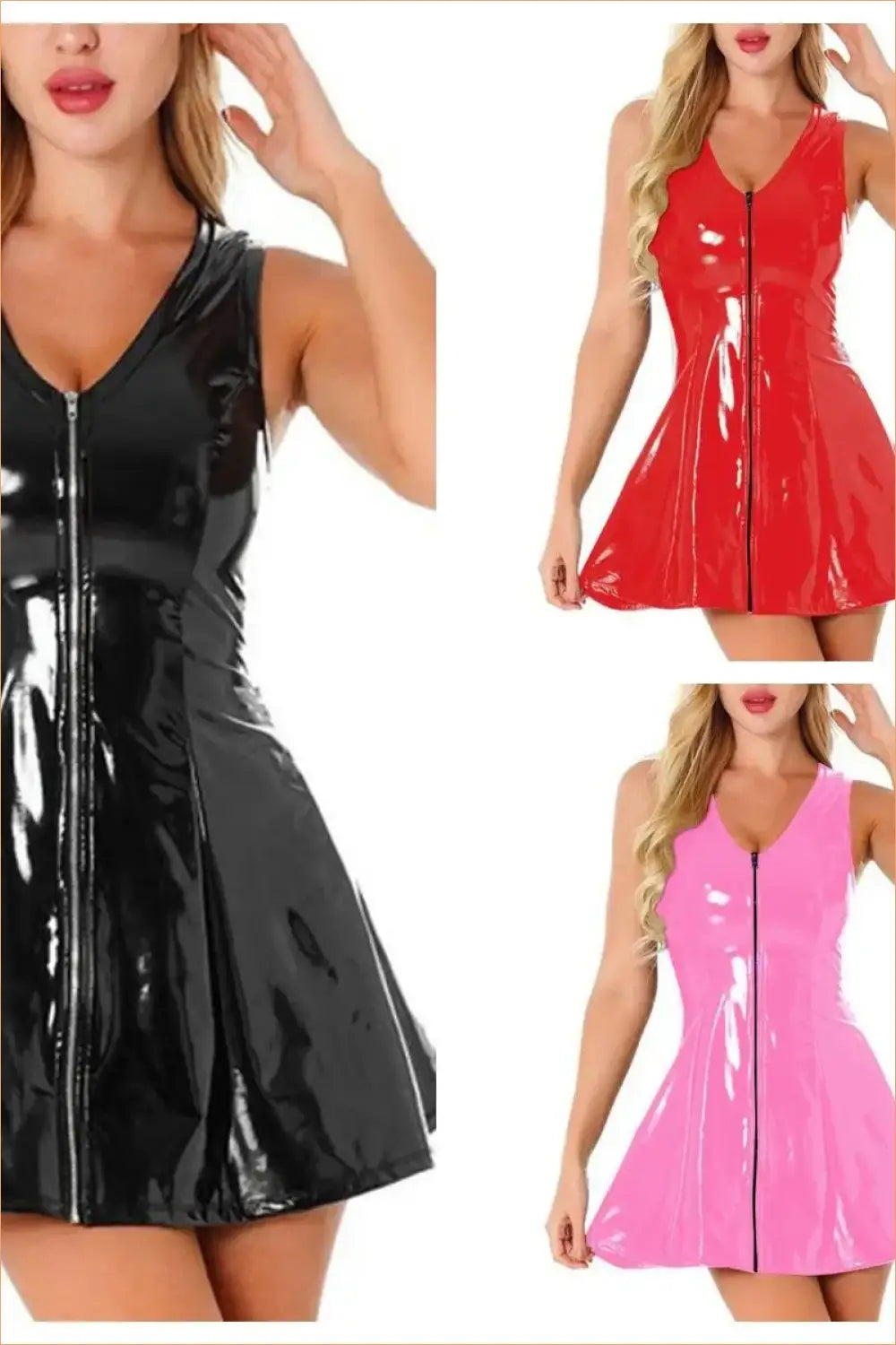High-Shine Leather-Look Zip-Front Mini Dress