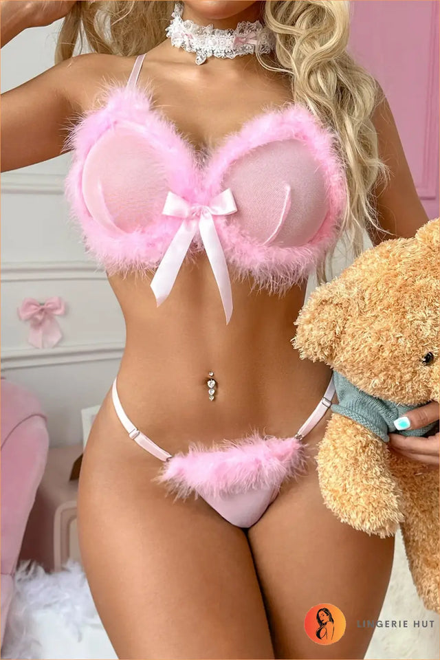 Pink Feather-Trim Bow Bra and Thong Lingerie Set
