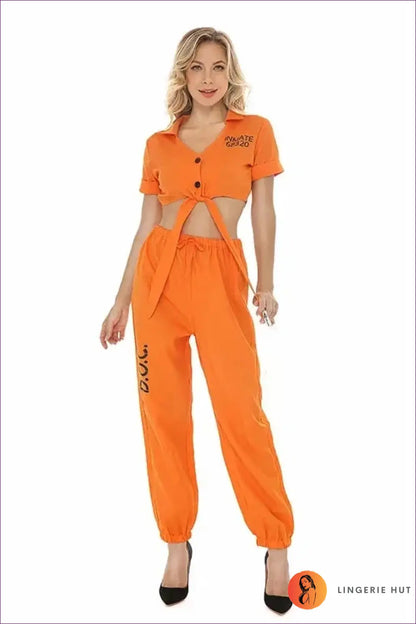 Prisoner Costume Jogger Set with Tie-Front Top - Yard Time Ease