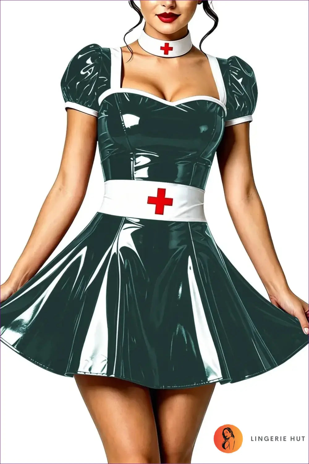 Nurse Costume with Puff Sleeves and Matching Choker - Playful Fantasy