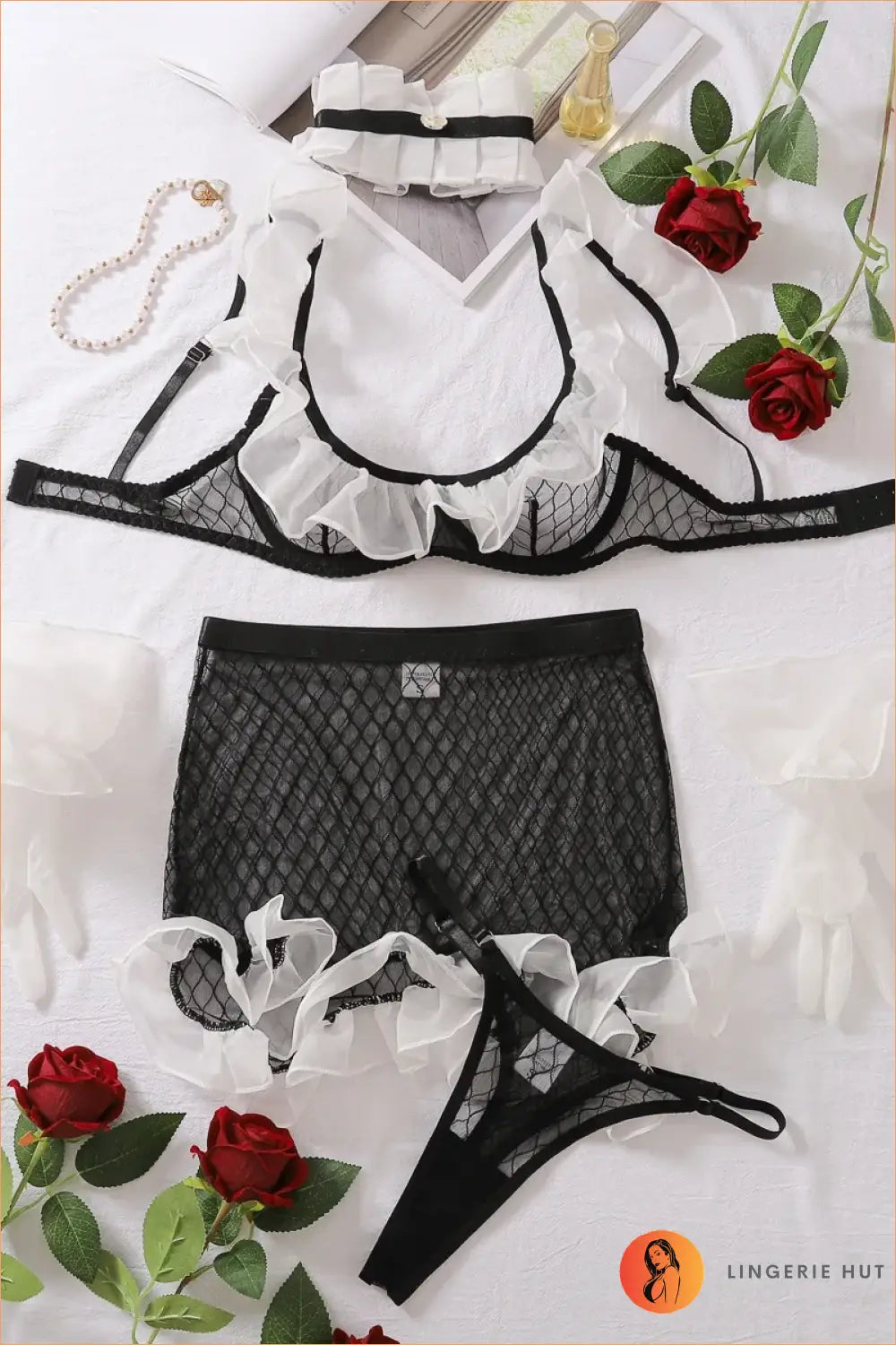French Maid Costume Lingerie Set with Sheer Bra and Mini Skirt