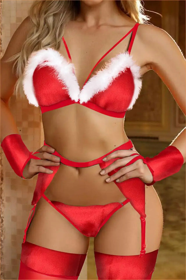 Santa Costume Lingerie Set with Fluffy Trim