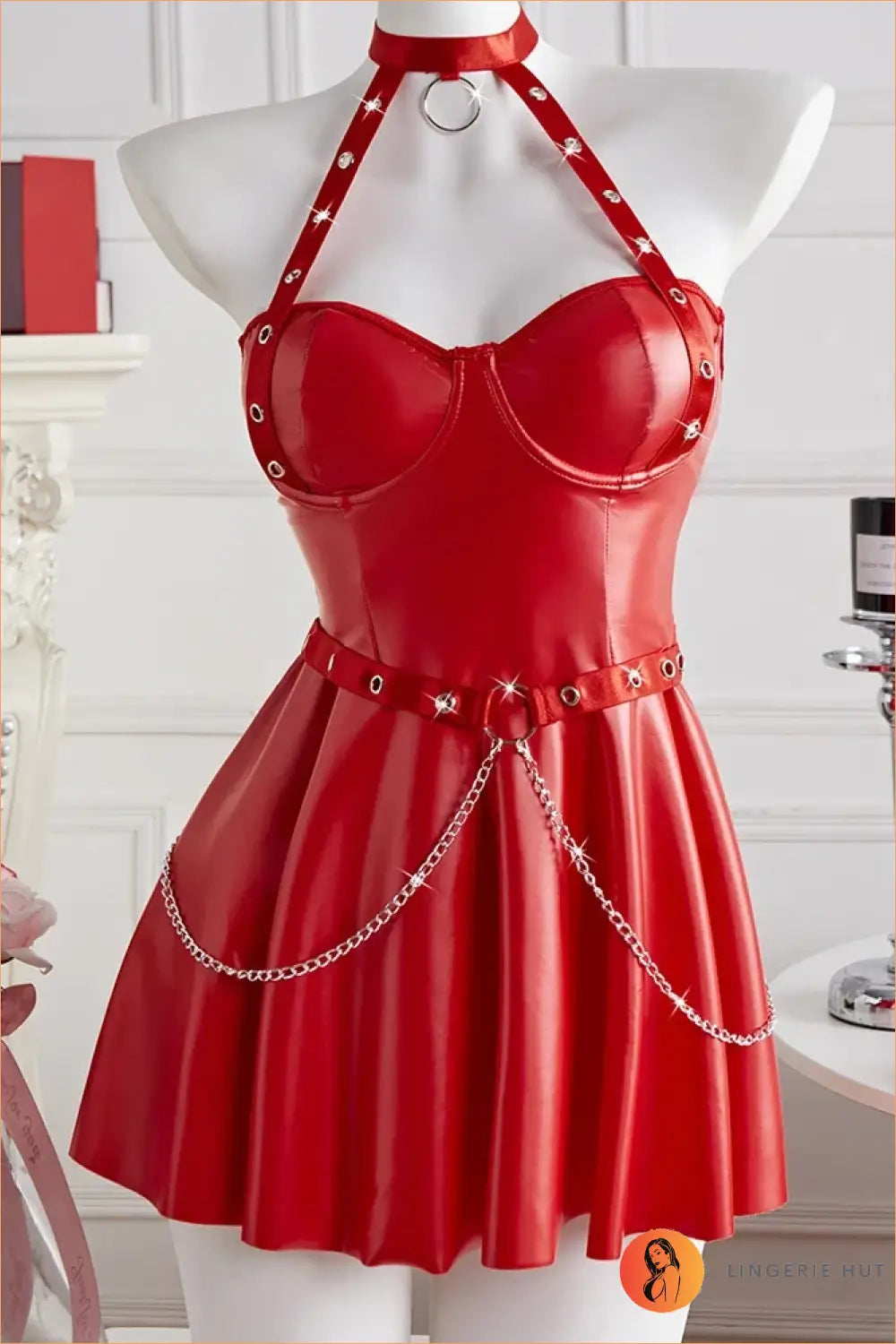Red Wet-Look Harness Babydoll