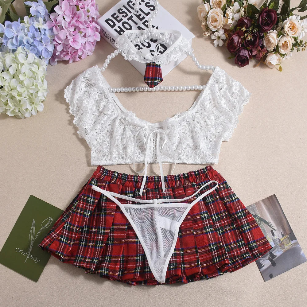 Sheer Lace Crop Top with Plaid Mini Skirt and Tie