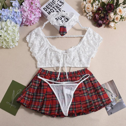 Sheer Lace Crop Top with Plaid Mini Skirt and Tie
