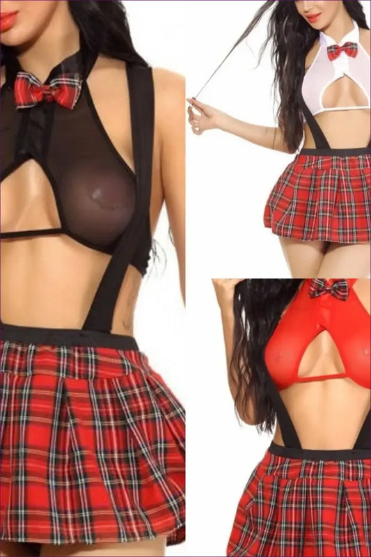 Plaid Tie Collar Costume Set with Bow Bralette - Sweet Mischief
