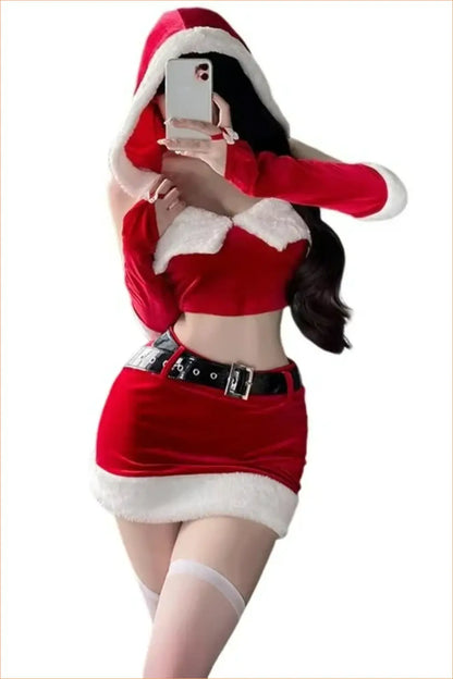 Santa Costume Set with Red Crop Top, Fur-Trim Mini Skirt and Belt