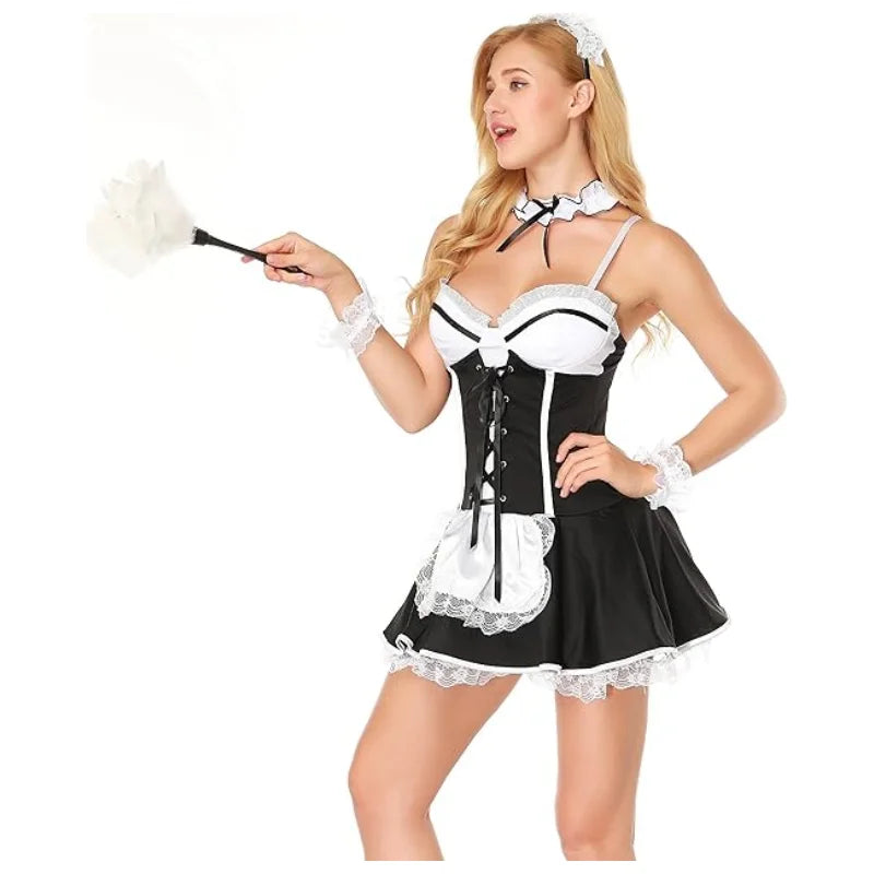 French Maid Dress with Lace-Up Bodice, Apron and Cuffs